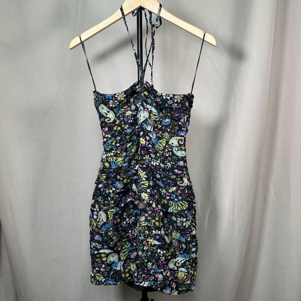 Zara Black Hulter Dress w Multicolour Neon Floral Print Size XS
